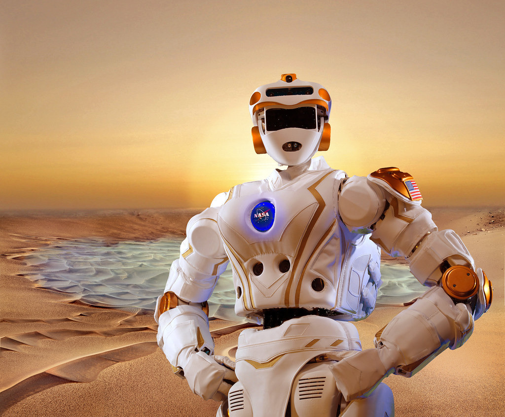 Humanoider Roboter vor weiter Landschaft