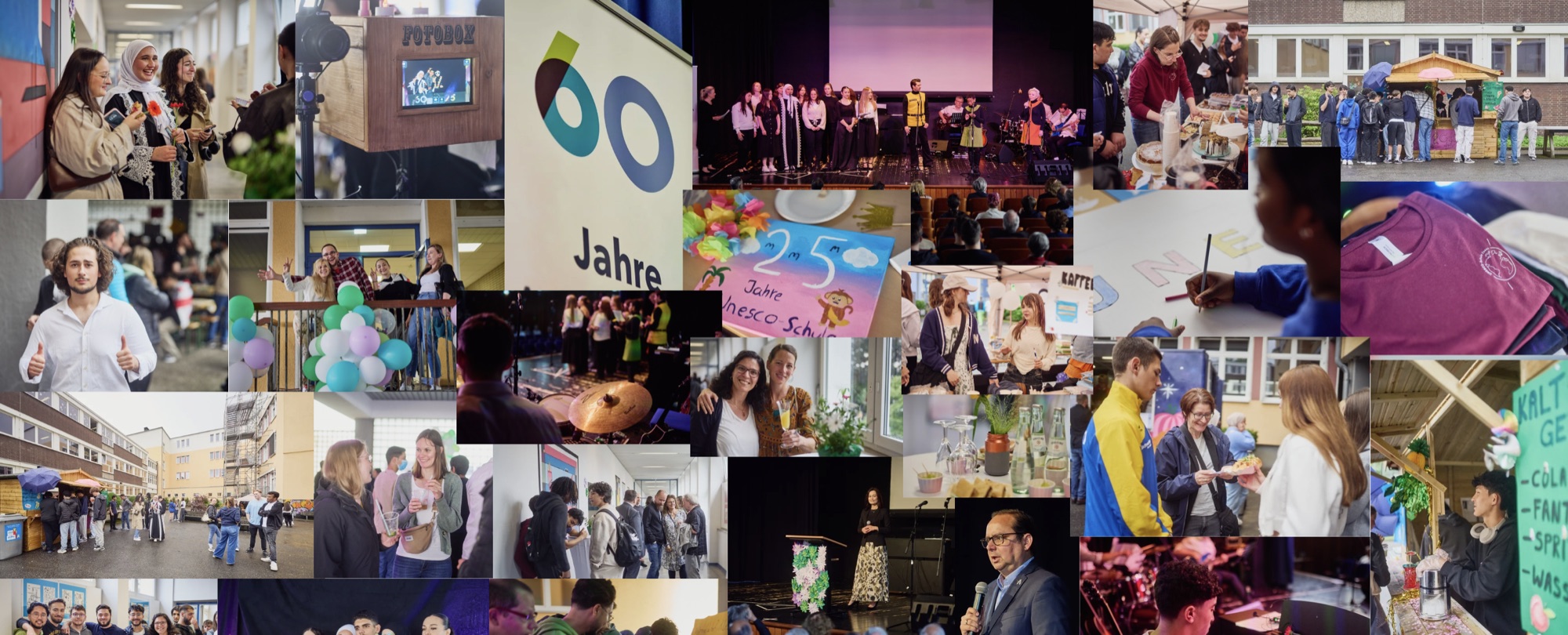 Bildcollage vom Schulfest zum 60-jährigen Bestehen der UNESCO-Schule Essen: Schülerinnen, Schüler, Kollegium und Gäste