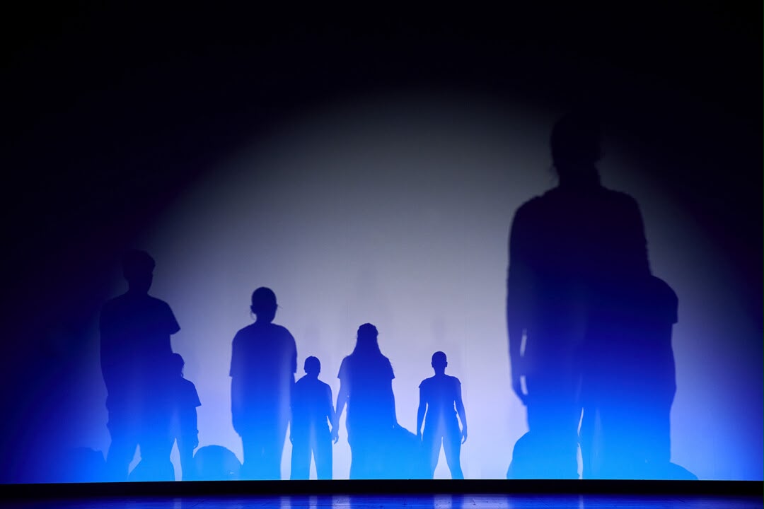 Schülerinnen und Schüler als Silhouetten vor einer blau ausgeleuchteten Bühnenwand des Aalto-Theaters, rechts eine große Schattenfigur