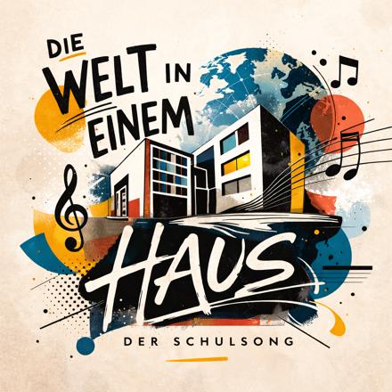 Cover des Schulsongs: Schriftzug „Die Welt in einem Haus“ über einer Collage aus Weltkugel, Schulgebäude, Notenschlüssel und Musiknoten