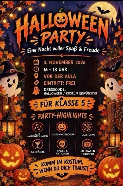 Plakat „Halloween-Party – Eine Nacht voller Spaß & Freude“. 3. November 2026, 16 bis 18 Uhr, vor der Aula, Eintritt frei. Dresscode: Halloween, Kostüm erwünscht. Für Klasse 5. Party-Highlights: DJ und Halloween-Musik, Kostümwettbewerb, tolle Deko, Getränke, Spiele und Aktionen, Halloween-Fotospot. Komm im Kostüm, wenn du dich traust!