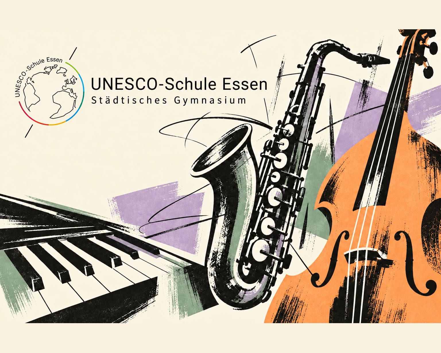 Illustration mit Klavier, Saxophon und Kontrabass neben dem Logo der UNESCO-Schule Essen