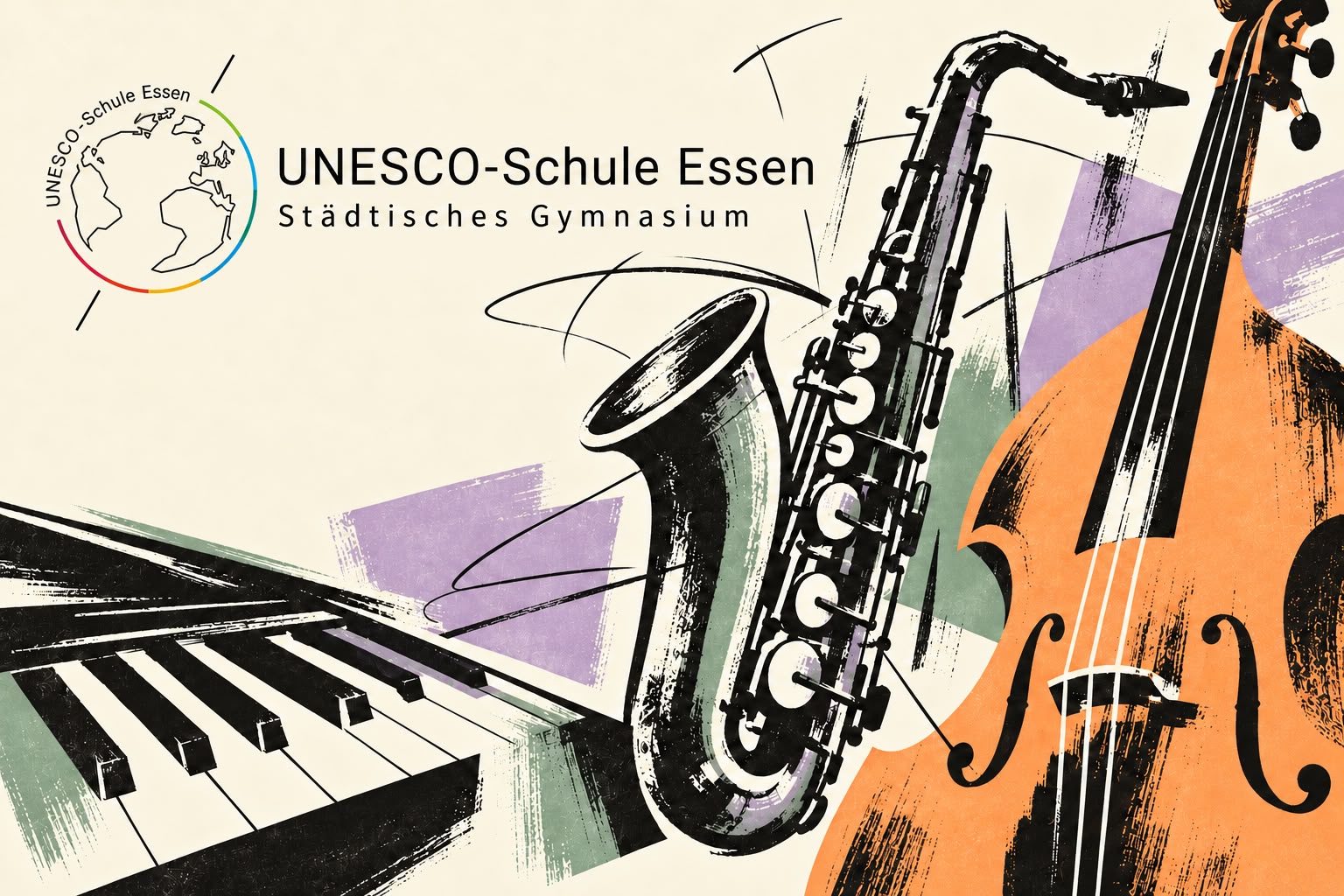 Illustration mit Klavier, Saxophon und Kontrabass in Schwarz, Orange, Lila und Grün neben dem Logo der UNESCO-Schule Essen, Städtisches Gymnasium