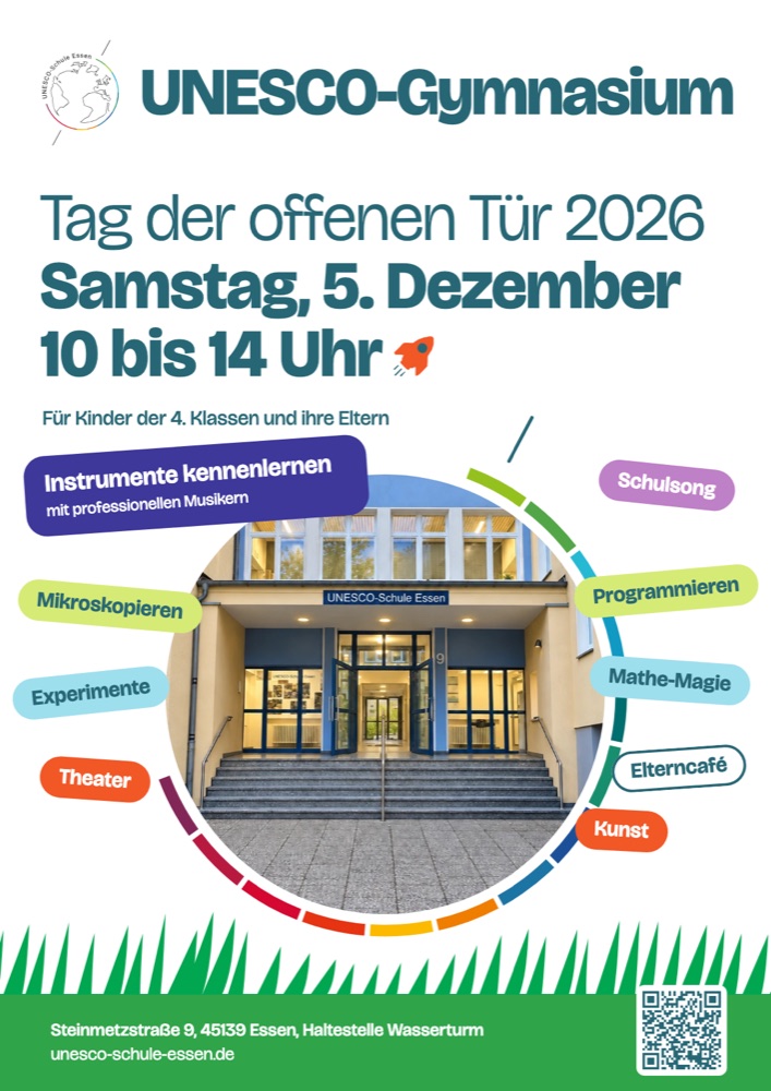 Plakat: UNESCO-Gymnasium, Tag der offenen Tür 2026, Samstag, 5. Dezember, 10 bis 14 Uhr, für Kinder der 4. Klassen und ihre Eltern